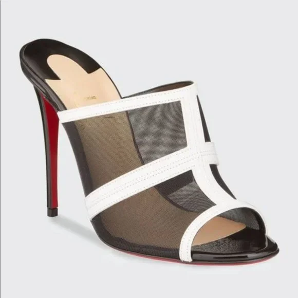 ❌SOLD❌Christian Louboutin Interdite Mesh Heels Mule Black White Pumps - Picture 1 of 11
